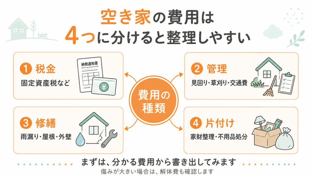 空き家にかかる費用を税金・管理・修繕・片付けの4つに分け、解体費も確認する図解