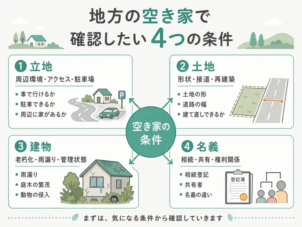 地方の空き家で確認したい条件を、立地、土地、建物、名義の4つに分けて整理した図解