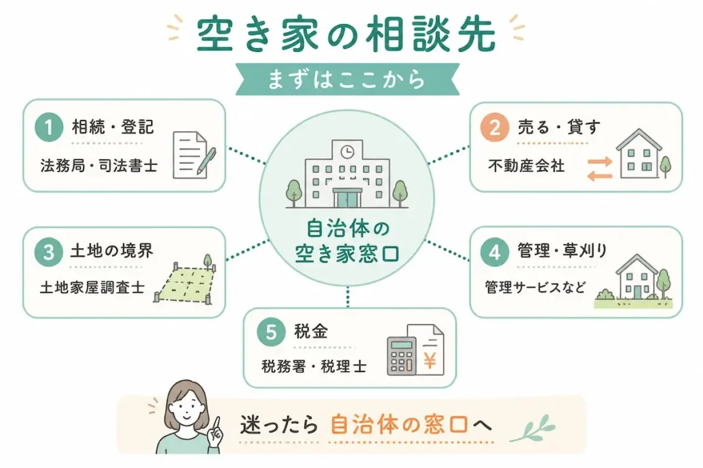 空き家の相談先を、自治体の空き家窓口から相談内容ごとの専門窓口へ整理した図解